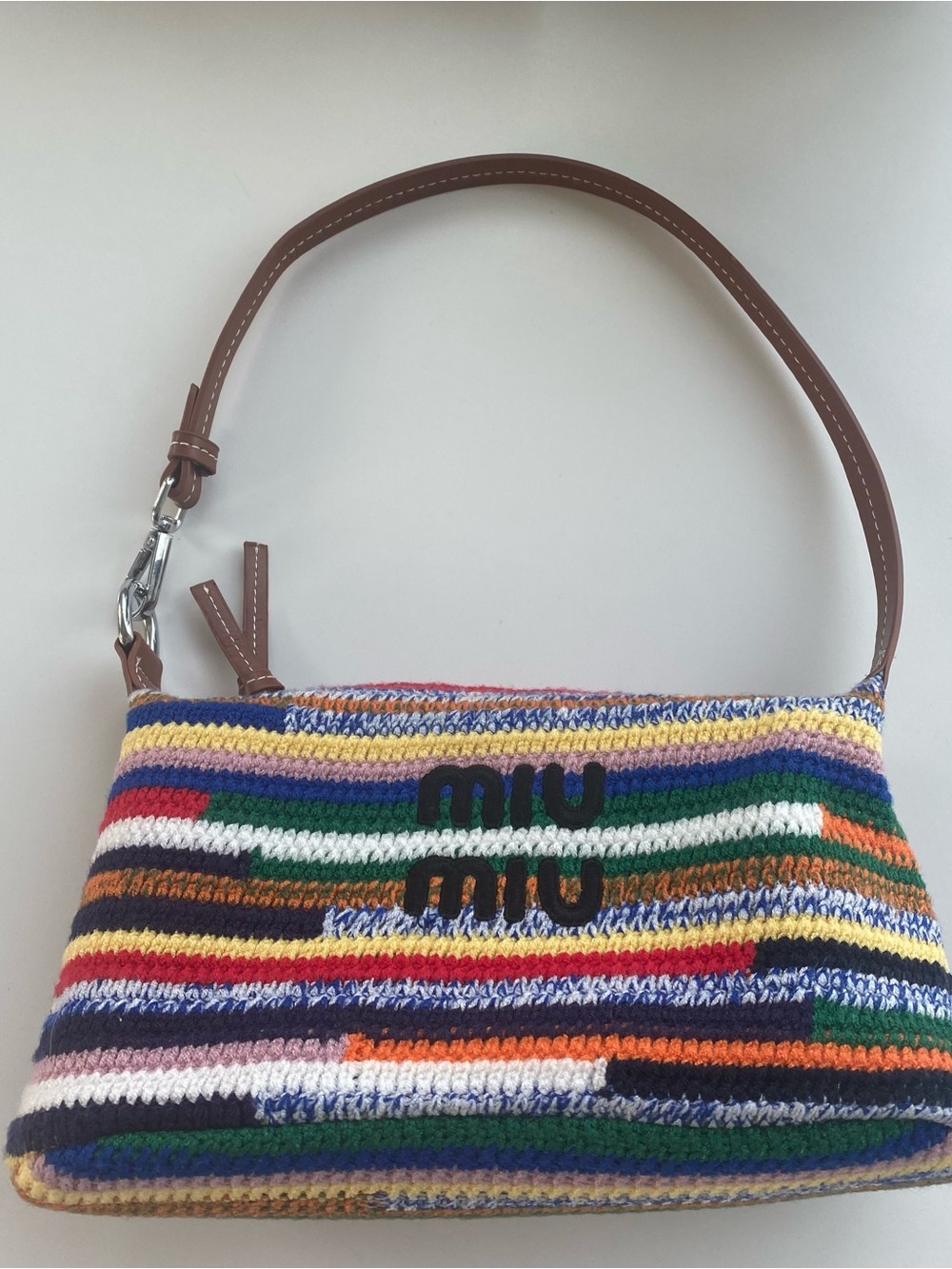 Miu Miu Multicolor Striped Crochet Shoulder Bag with Brown Leather Strap